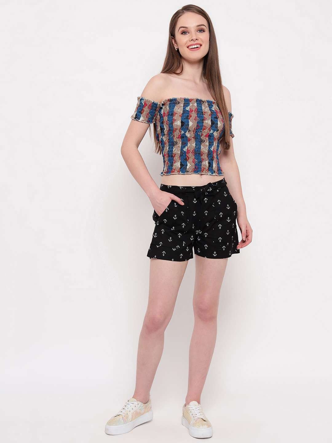 Women's Rayon Printed Off-Shoulder Smocked Crop Top Short Sleeve Casual Styles Tank Top (FREE SIZE) Multi38 - Image 3
